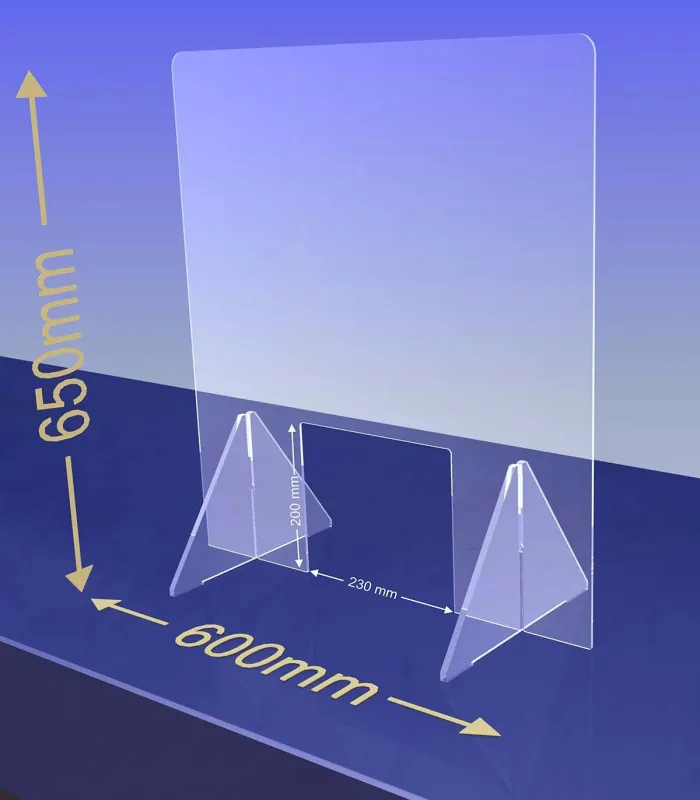 ÉCRAN DE PROTECTION plexiglas transparent – HYGIAPHONE Ep.4 mm contre les virus. 1000x650 mm et passe document de 230x200 mm.