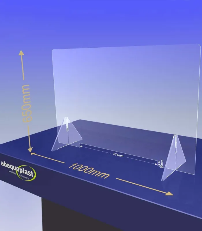 ÉCRAN DE PROTECTION plexiglas transparent – HYGIAPHONE Ep.4 mm contre les virus. 1000x650 mm et passe document de 574x30 mm.