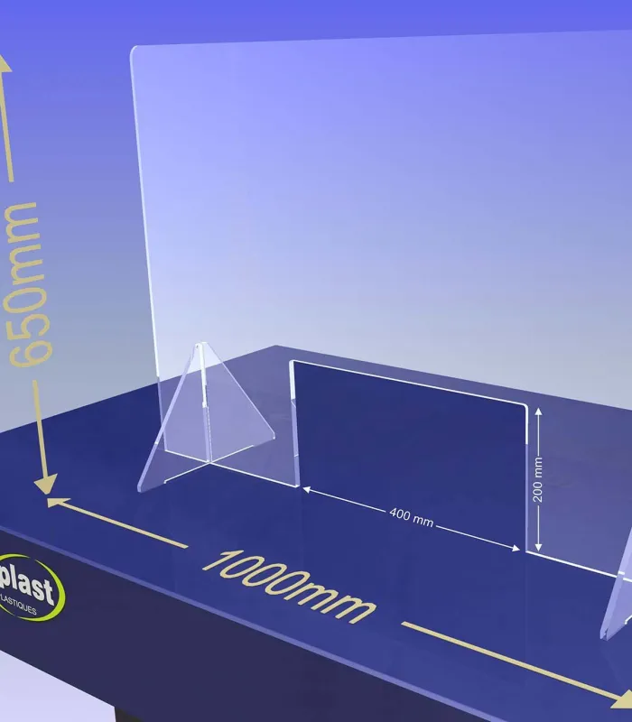 ÉCRAN DE PROTECTION PMMA transparent – HYGIAPHONE Ep.4 mm contre les virus. 1000x650 mm et passe document de 400x200 mm.