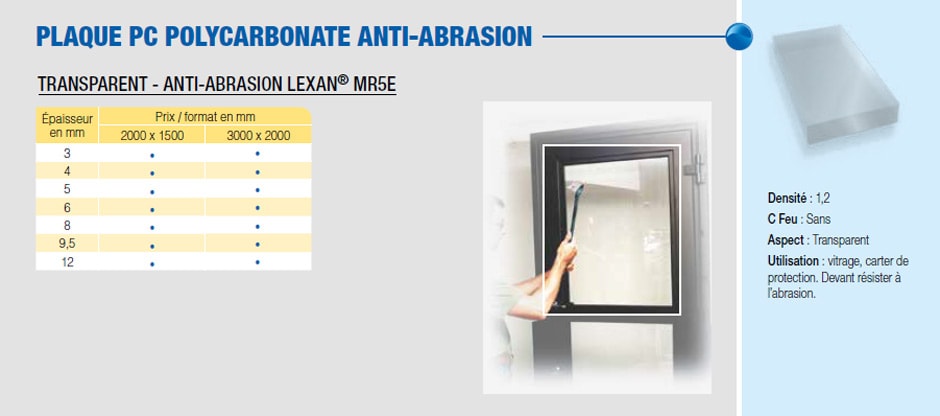 Plaque PC polycarbonate anti-abrasion